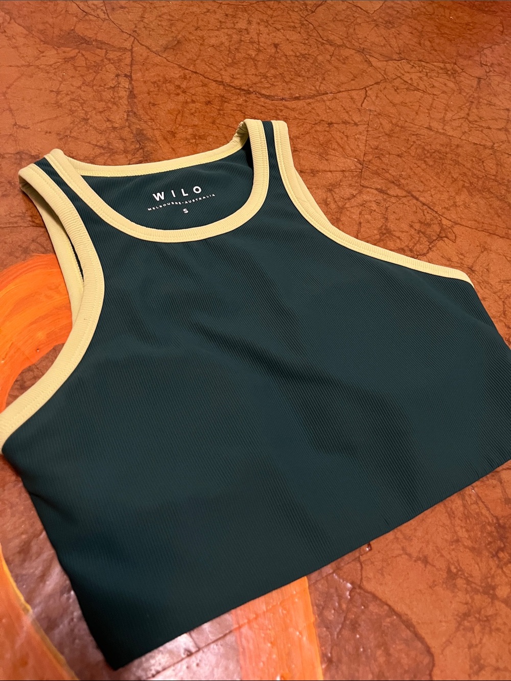 WILO Dark Green Crop Tank with yellow Trim Sz Small